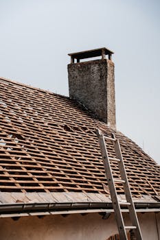 A traditional rooftop under renovation with visible chimney and ladder.
